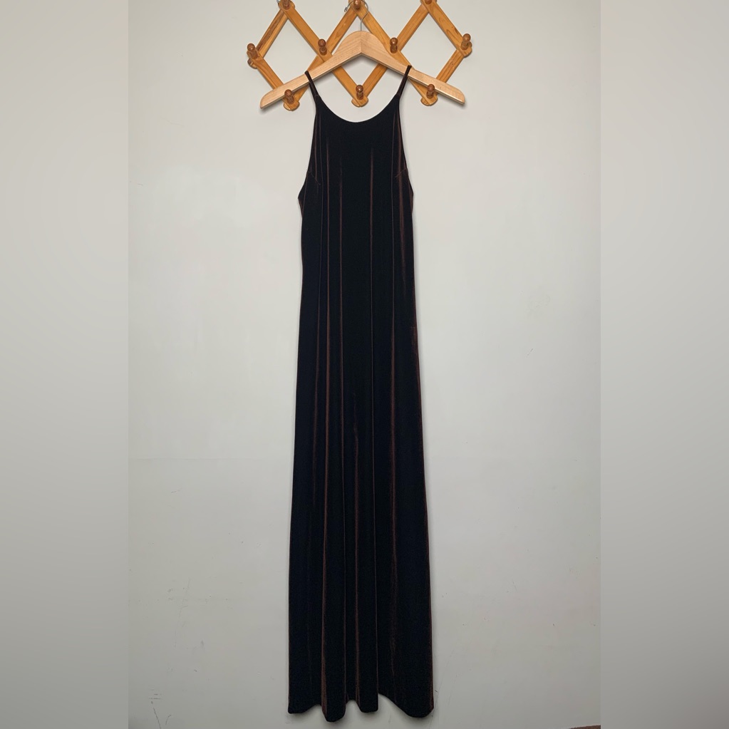 Vintage Women’s 90s Hampton Nites Chocolate Brown Velvet Maxi Dress Sz 4